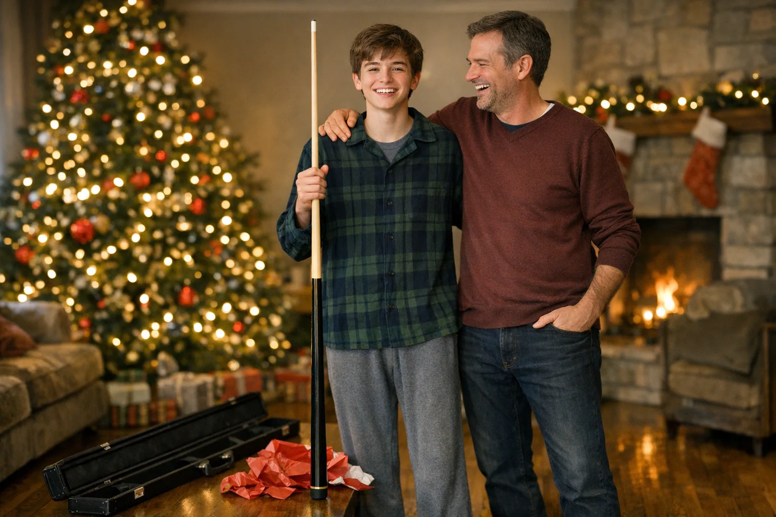 A smiling teenager in pajamas holds his new full-length pool cue upright beside his laughing father, a lit Christmas tree and fireplace behind them