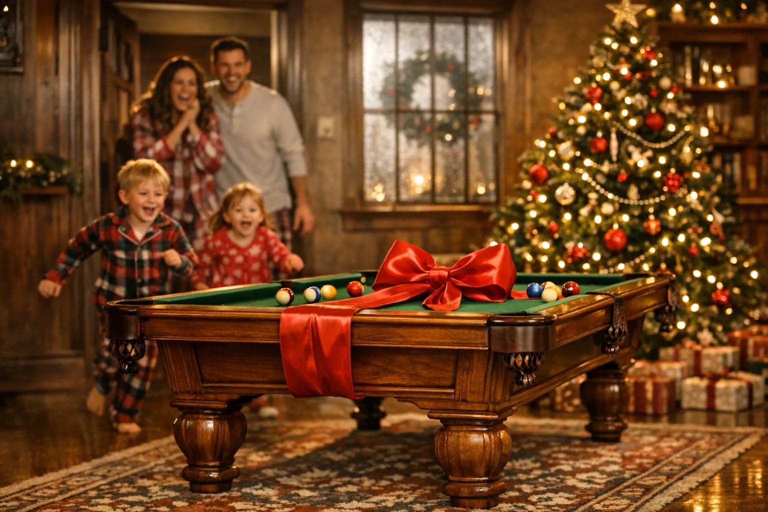 Children in pajamas running toward a wooden pool table tied with a big red bow, parents laughing in the doorway and a lit tree beside it
