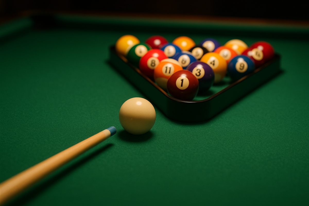 Pool balls racked on a green billiards table with a cue aimed at the cue ball