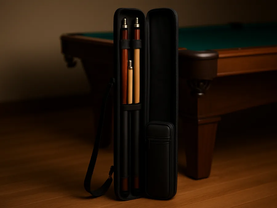 An open black cue case holding two cue butts and two shafts, standing beside a pool table
