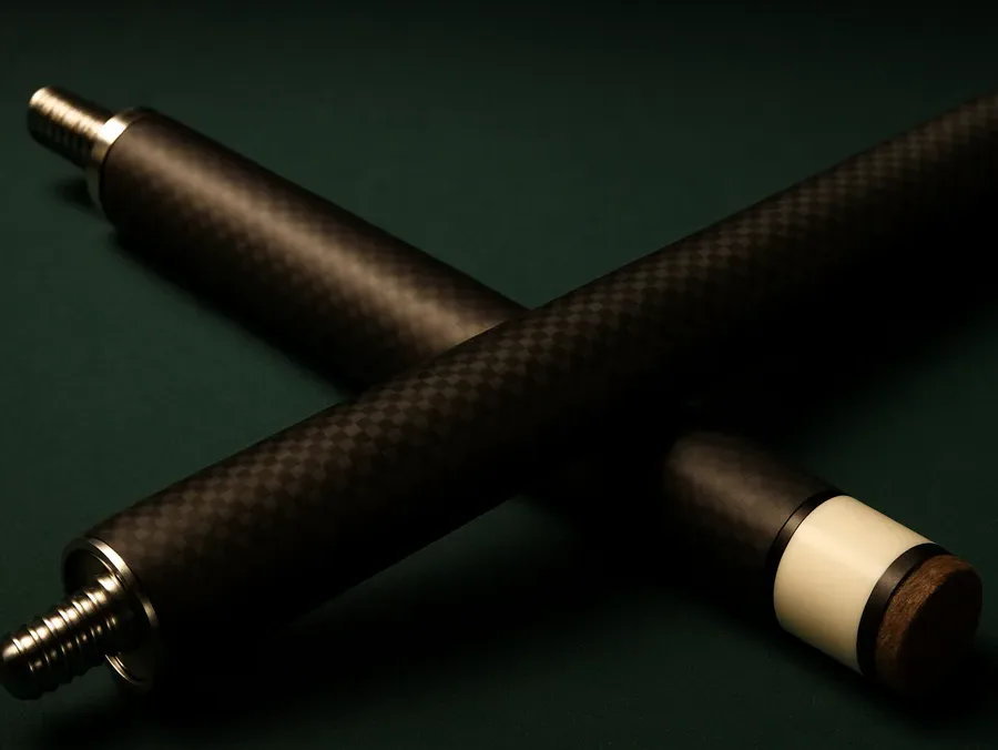 A black pool cue shaft lying on green cloth