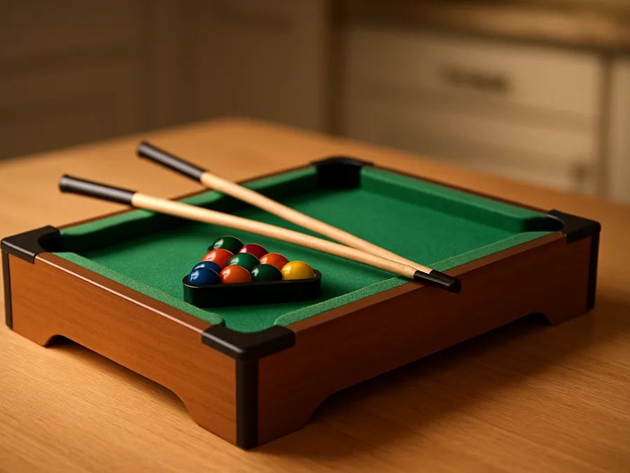 A small tabletop pool table with green felt, mini cues and balls