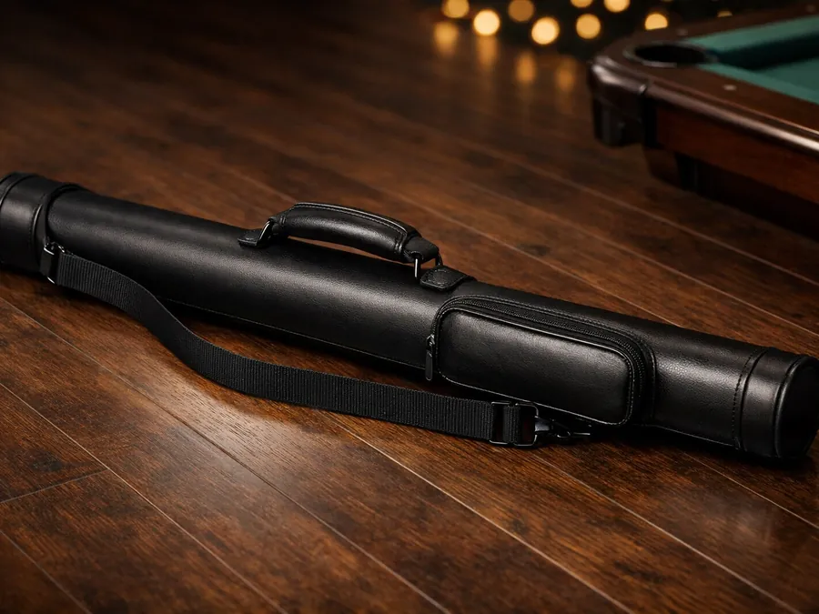 A slim black leatherette hard cue case with a handle and shoulder strap on a wood floor