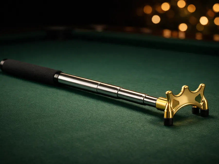 A telescoping steel bridge stick with a foam grip and a brass bridge head on green cloth
