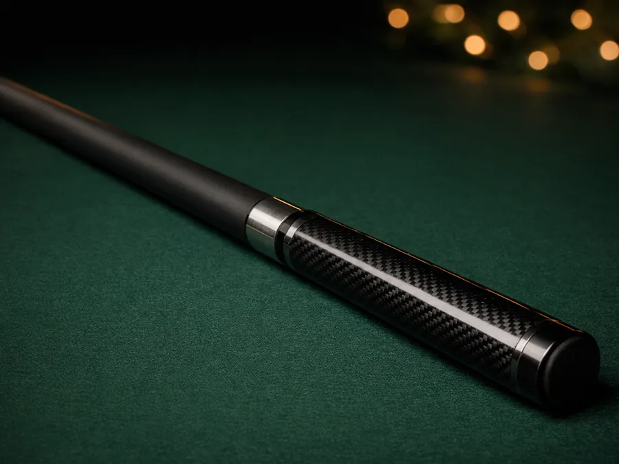 A black carbon fiber pool cue with a woven-pattern butt on green cloth