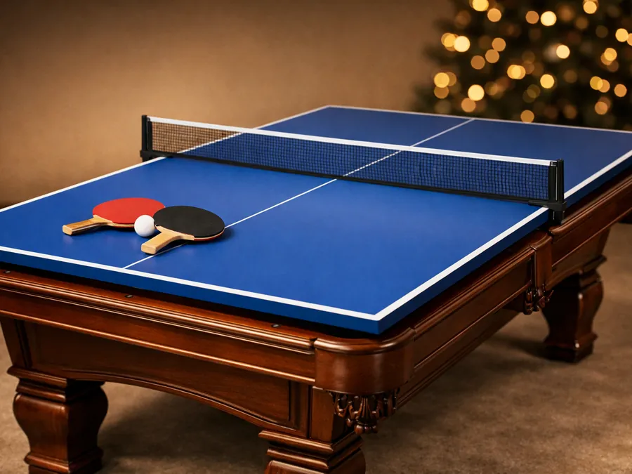 A blue table tennis top with a net and paddles resting on a wooden pool table