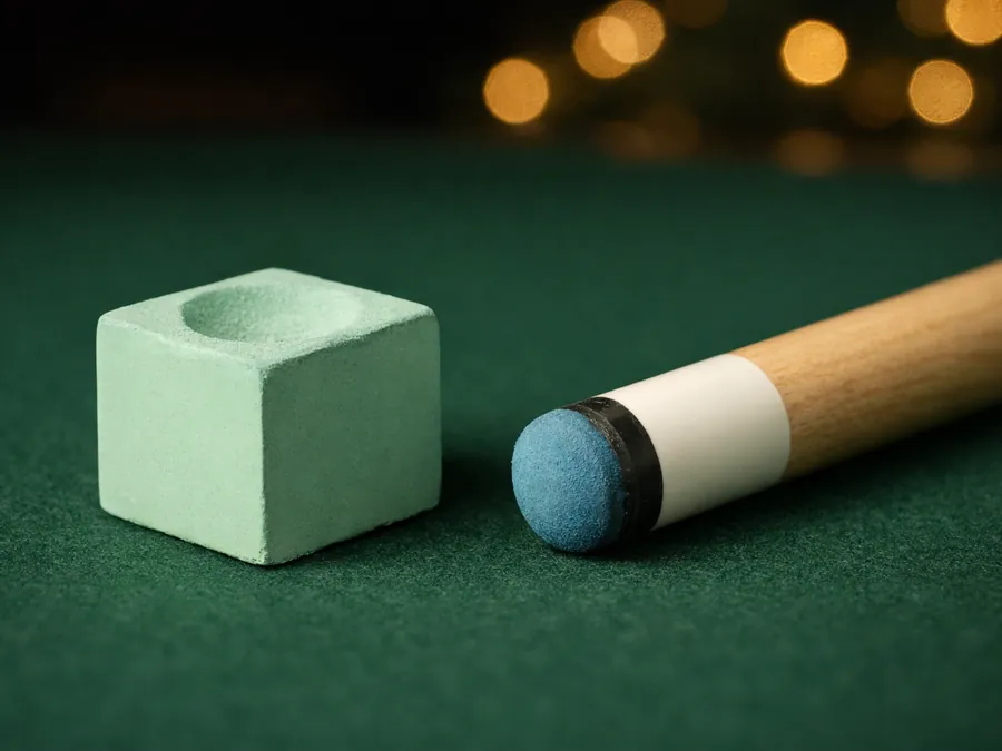 A pale green cube of billiard chalk beside a cue tip on green cloth