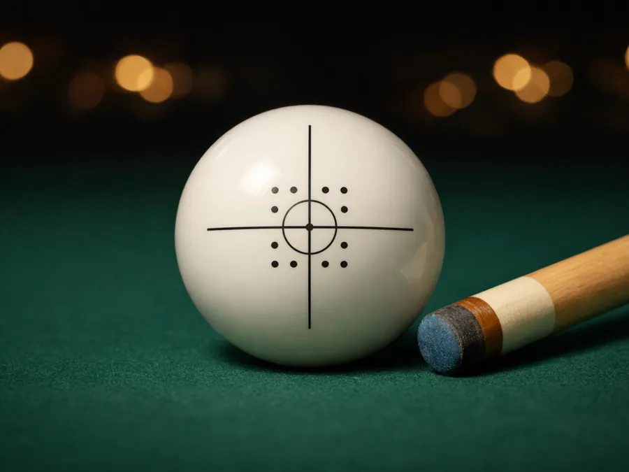 A white cue ball printed with a crosshair and a grid of dots, next to a cue tip